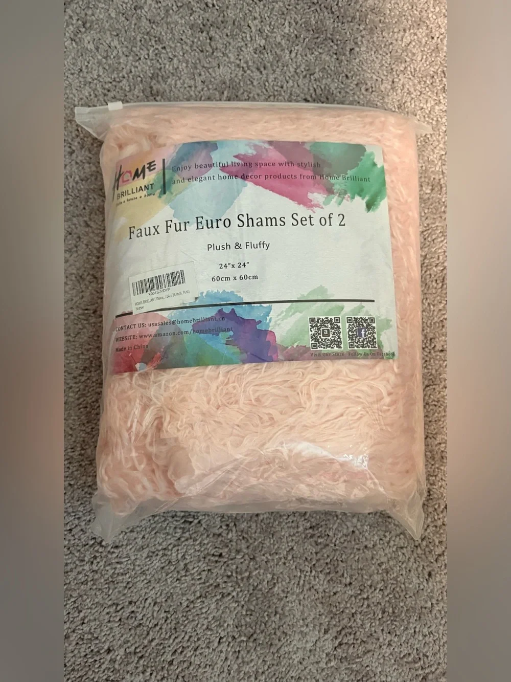 Set of 2 Home Brilliant Pink Pillow Covers 24x24 Faux Fur Euro Sham Large Square